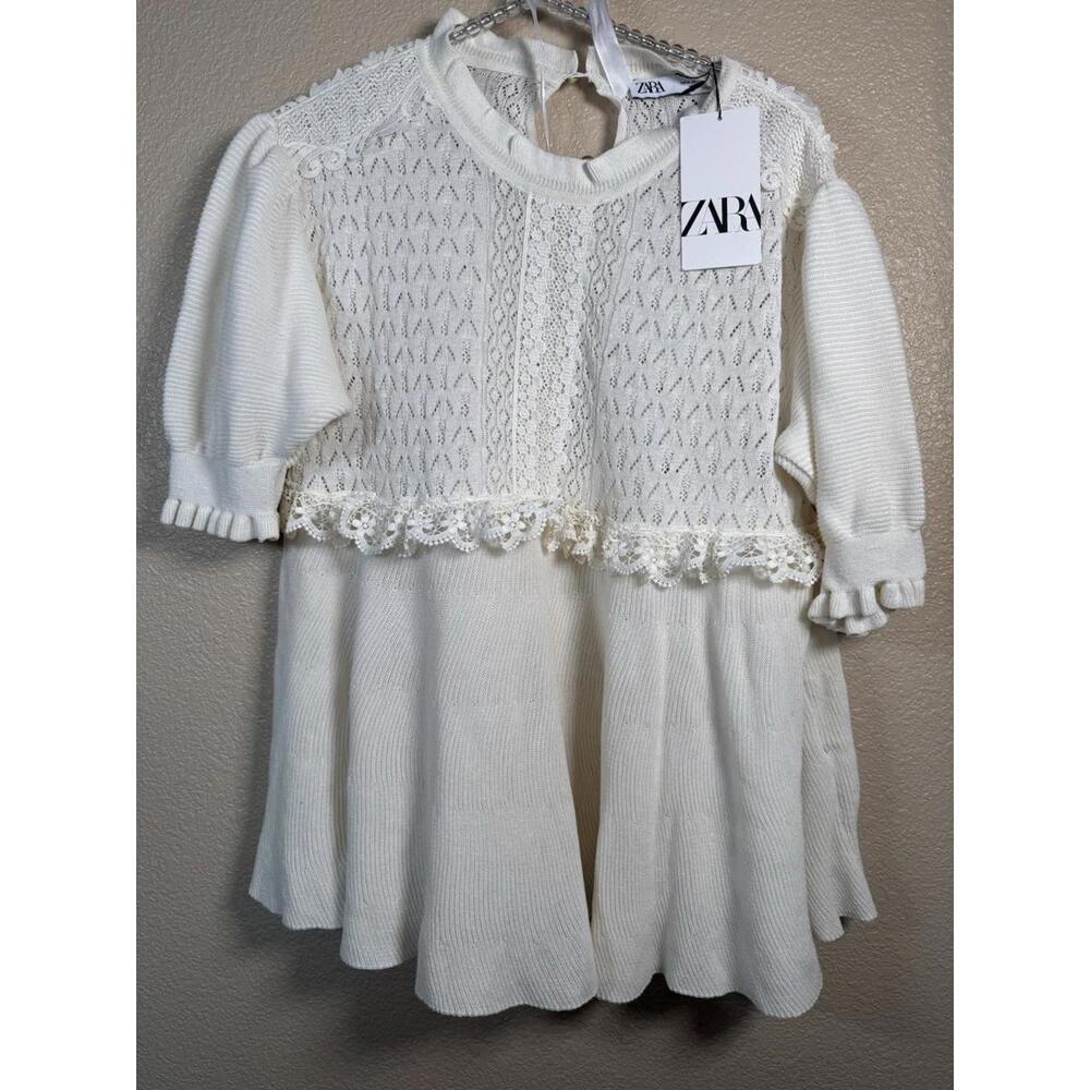 Zara Womens Peplum Knit Top Sz M Mixed Pointelle Cream Open‎ Knit